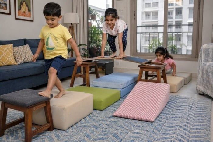 Obstacle courses from cushions and stools