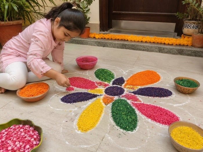 Rangoli with coloured rice or flower petals