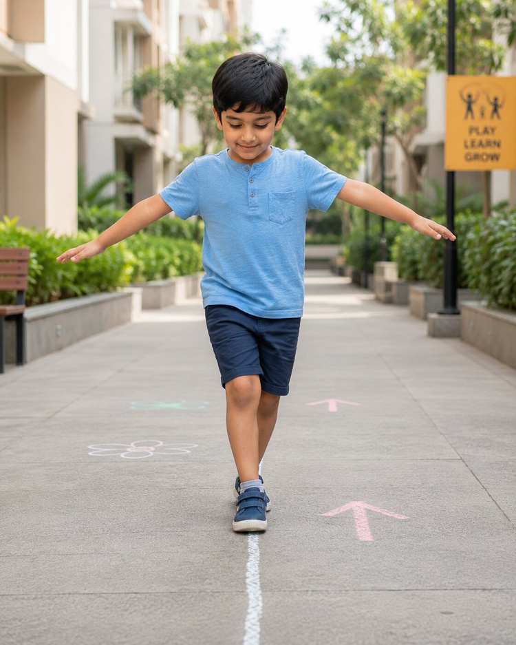 child balancing on a chalk-drawn line 