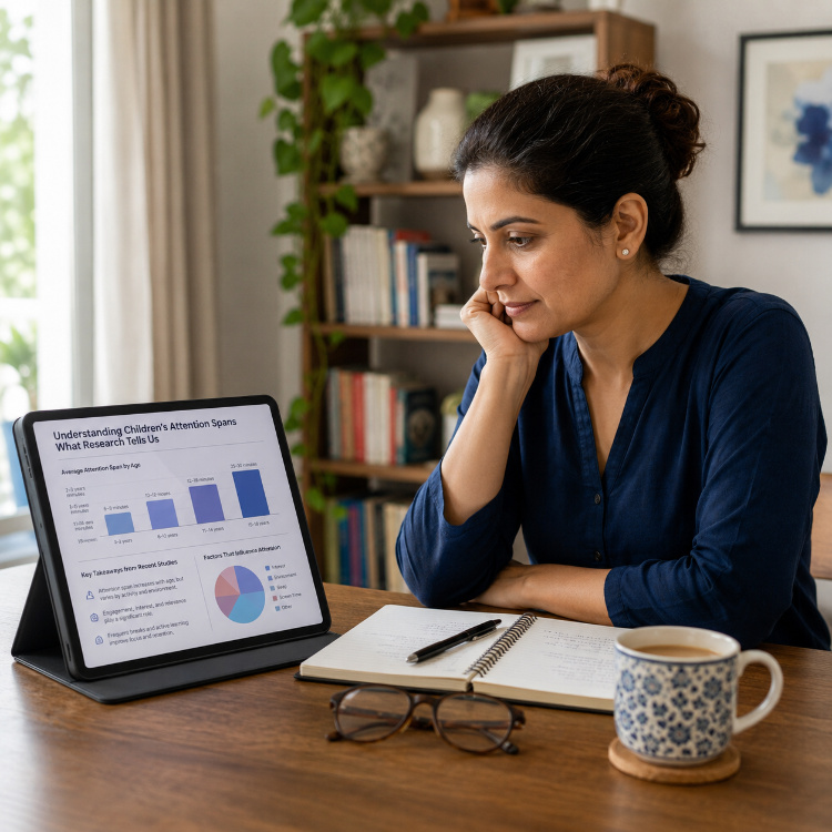 Parent calmly reading research