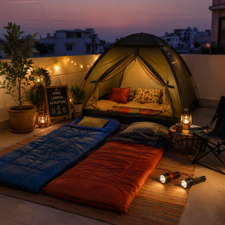 Terrace camping setup with a tent