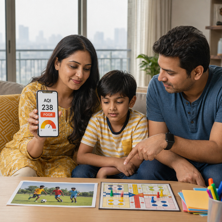 Family checking an AQI reading on a phone app