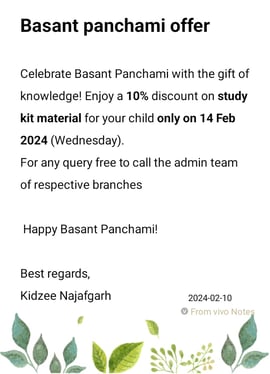 Kidzee-Basant Panchami offer 10% discount on study kit material 