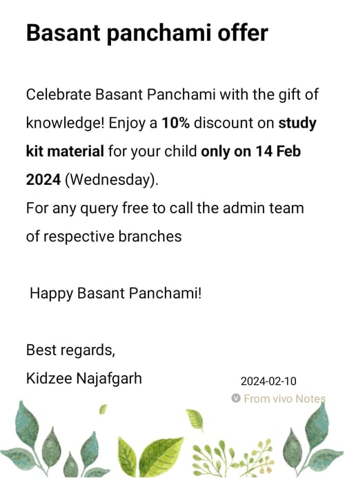 Kidzee-Basant Panchami offer 10% discount on study kit material 