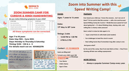 Seemas Skills Zone-Summer Camp For Cursive and Hindi Handwriting