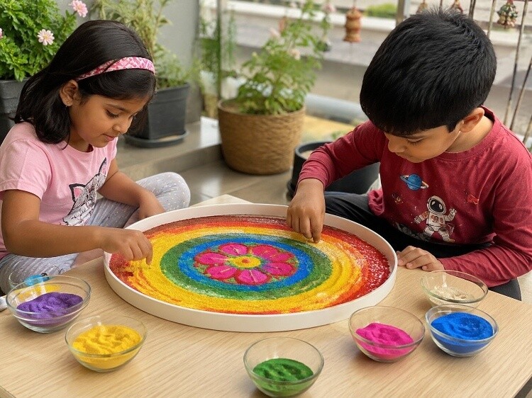 Sand or rangoli art in a shallow tray