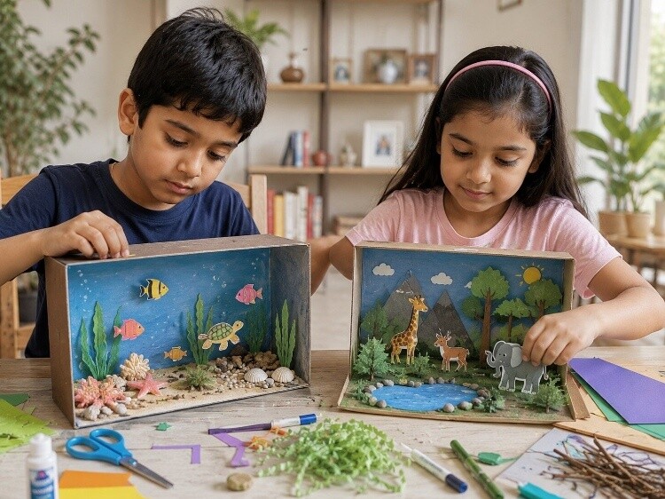 Shadow box dioramas in shoe boxes