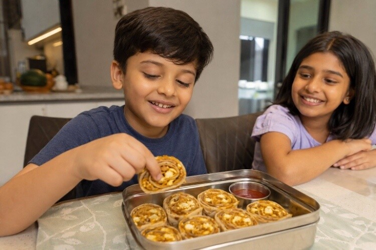 Stuffed paratha rolls, cut into pinwheels