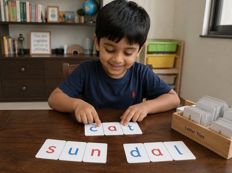 Word building with letter tiles or cards