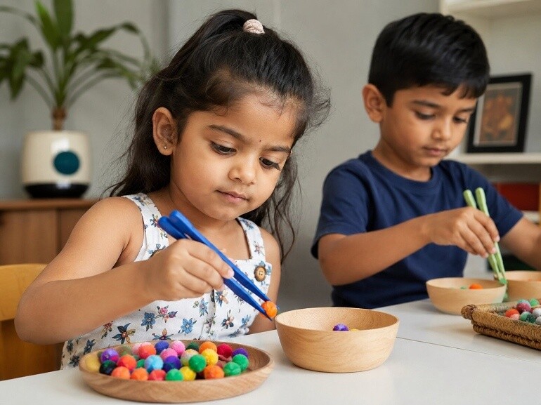 Using tongs or chopsticks to transfer small objects