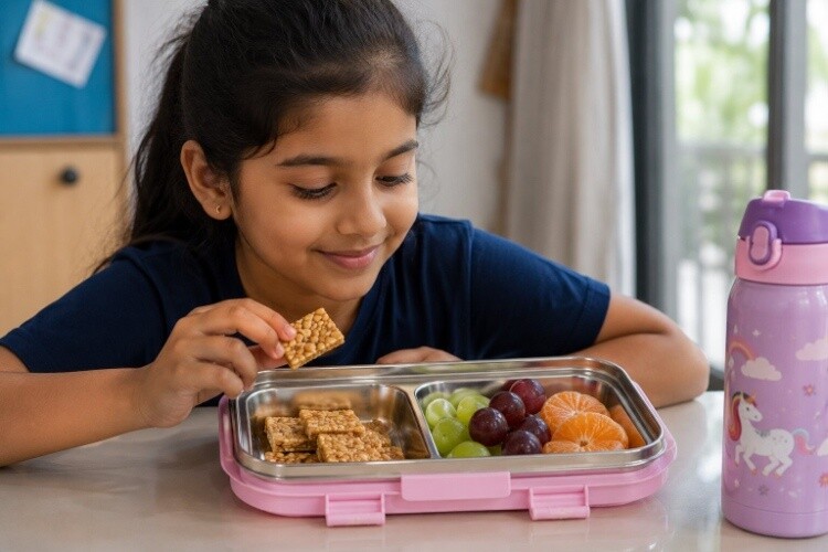 Til or peanut chikki with fruit