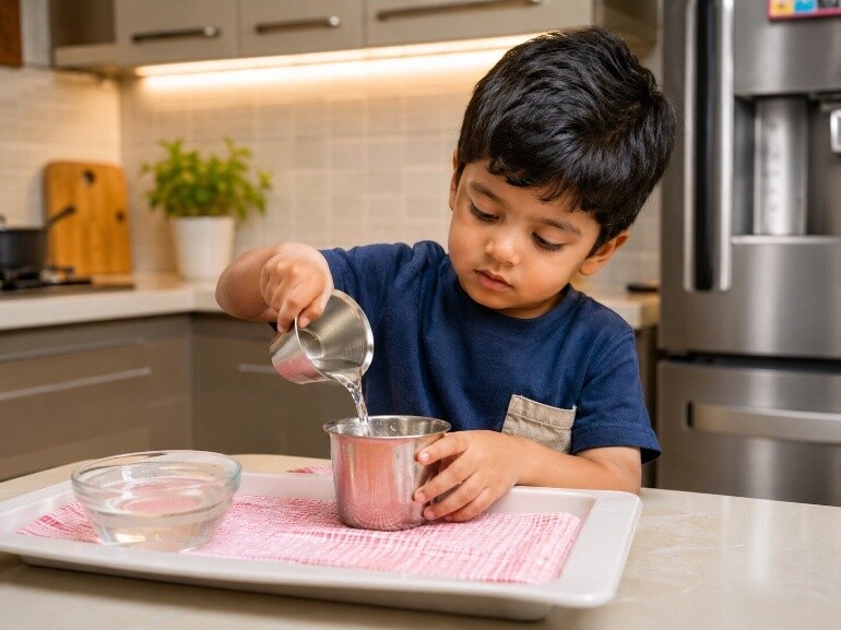 Practicing pouring water between containers