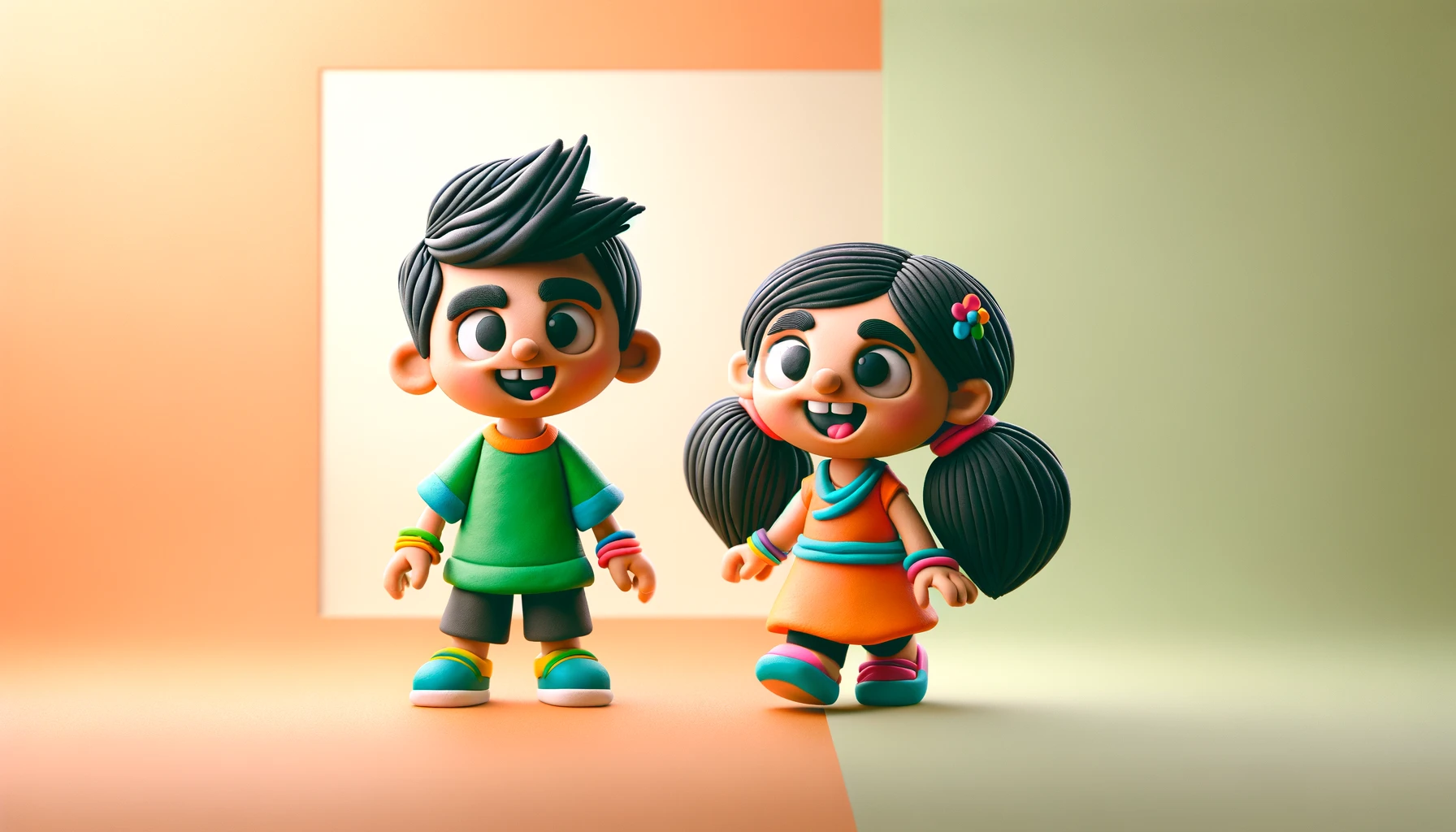 DALL·E 2024-04-23 09.26.15 - A cute claymation-style image depicting two modern Indian kids having fun at a playschool. The kids are on the right side of the image_ one boy and on
